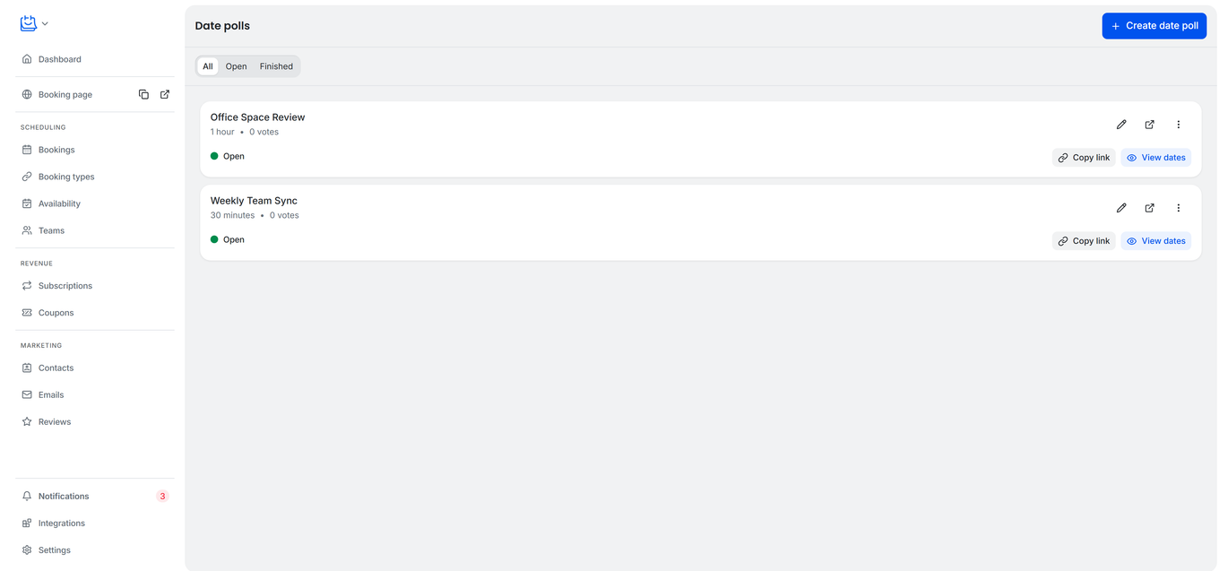 TidyCal Date Polls management page showing poll cards with status, votes, and filter controls