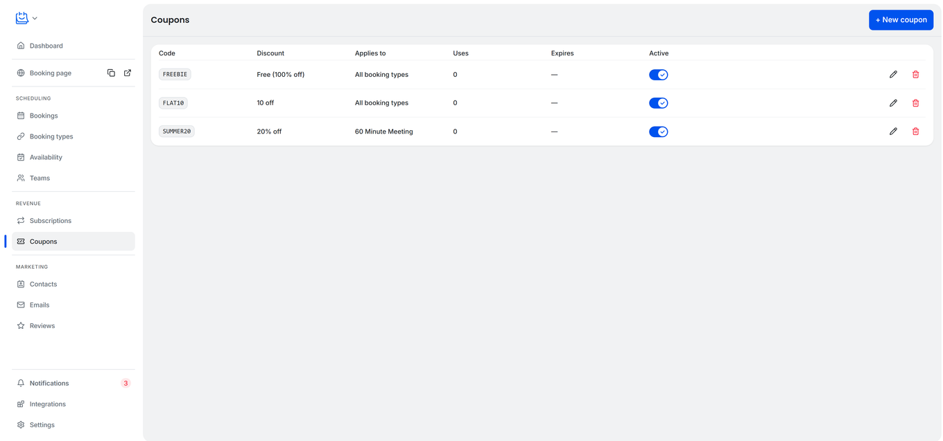 TidyCal Coupons page showing three coupons with codes discount types and active toggles