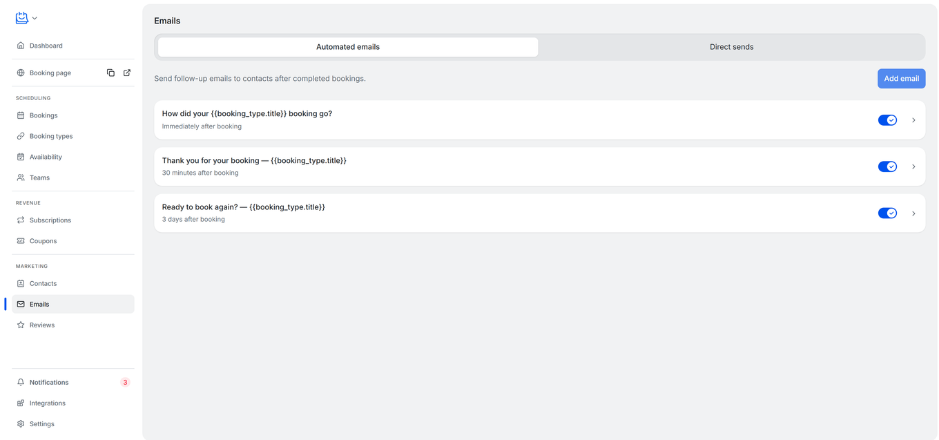 TidyCal Emails page showing the Automated emails and Direct sends tabs with three automated post-booking emails