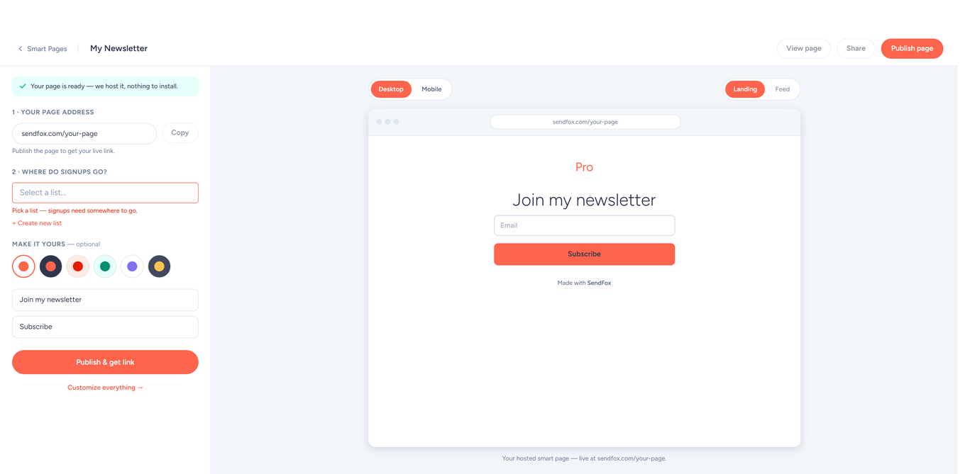 Smart Page builder quick setup: page address, list picker, theme, and Publish and get link