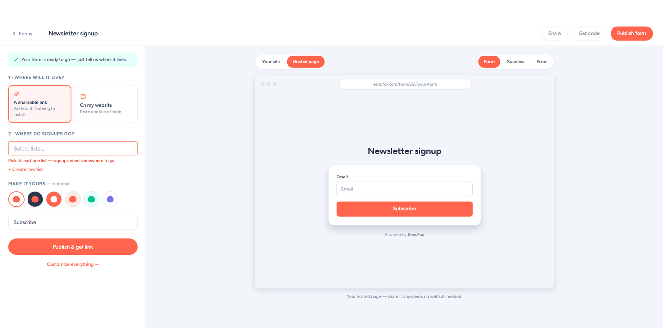 Form builder quick setup: where the form lives, which list signups join, and Publish and get link