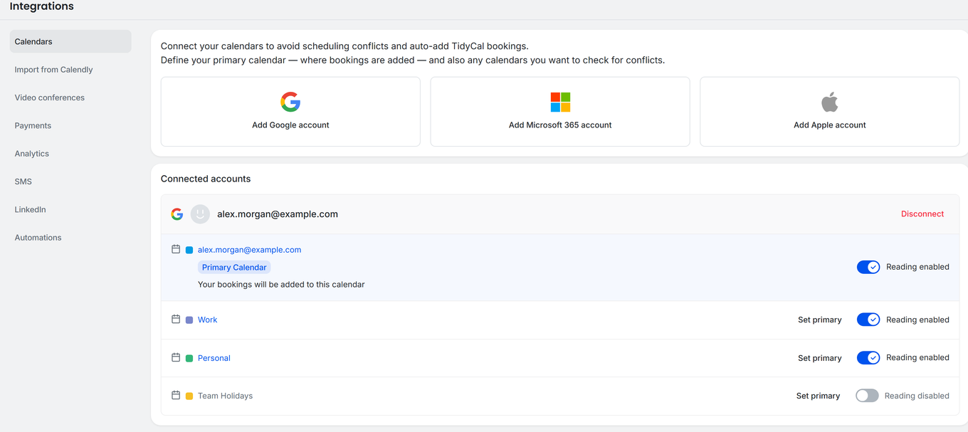 TidyCal Integrations Calendars page showing connected Google account with Reading toggle and Primary Calendar badge