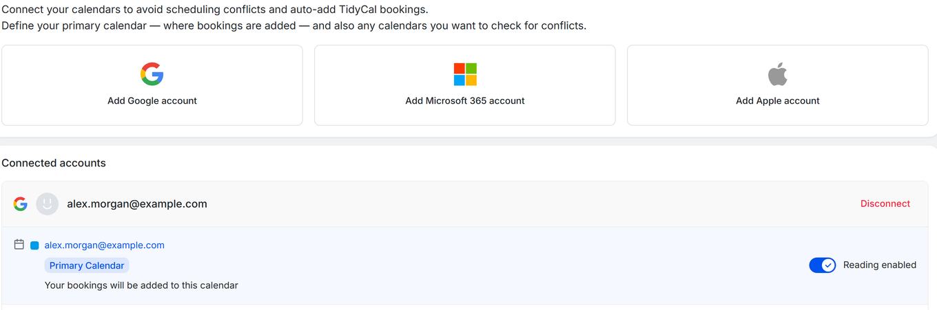 TidyCal calendar integration page showing Add Google, Microsoft 365, and Apple account buttons with connected calendars below
