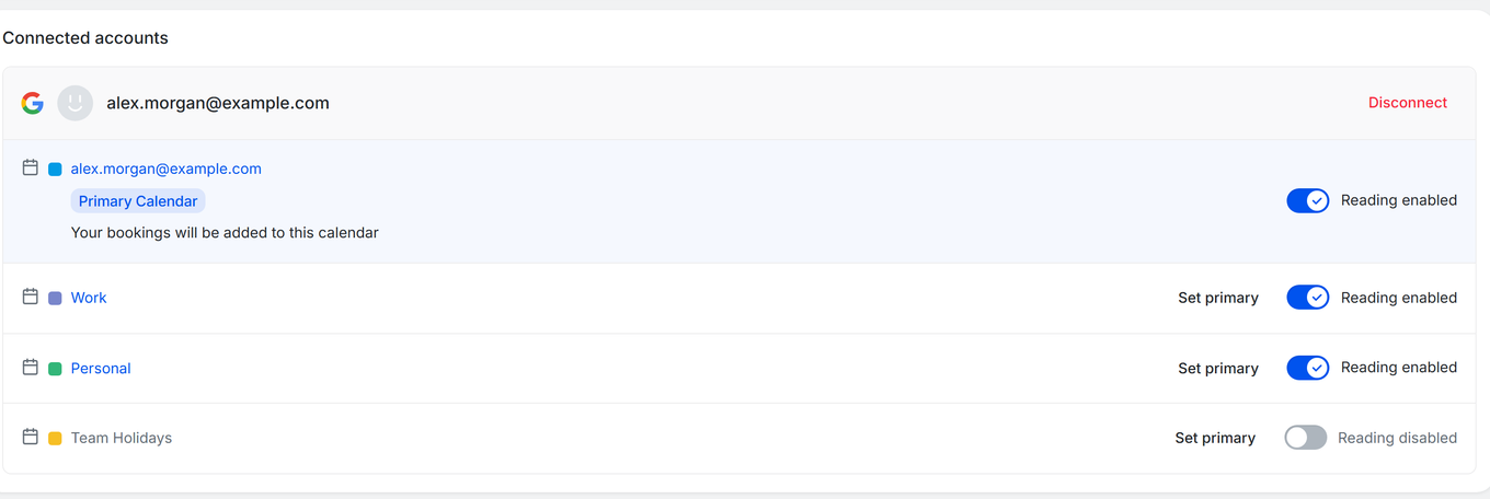 TidyCal Calendars integration page showing Google Calendar connected with Set primary buttons and Primary Calendar badge