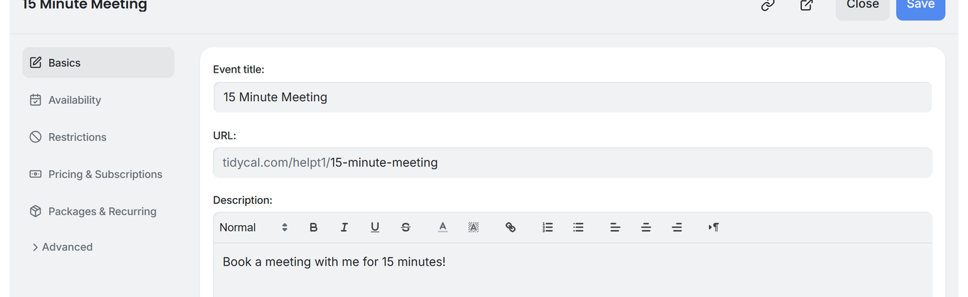 TidyCal booking type editor Basics tab showing Event title, URL, rich text Description editor with Quill toolbar, and Generate with AI button
