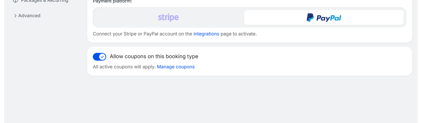 Booking type Pricing and Subscriptions tab showing the Allow coupons on this booking type toggle enabled with a Manage coupons link