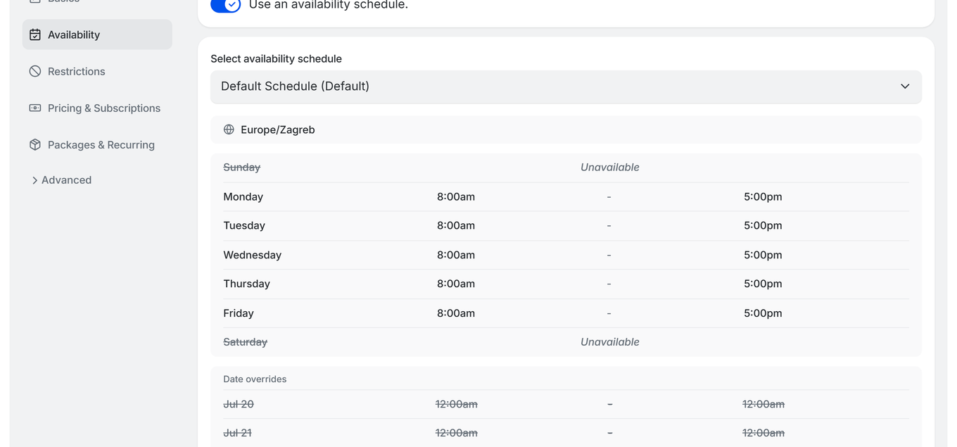 TidyCal booking type Availability tab showing weekly schedule with per-day time slots from Sunday to Saturday