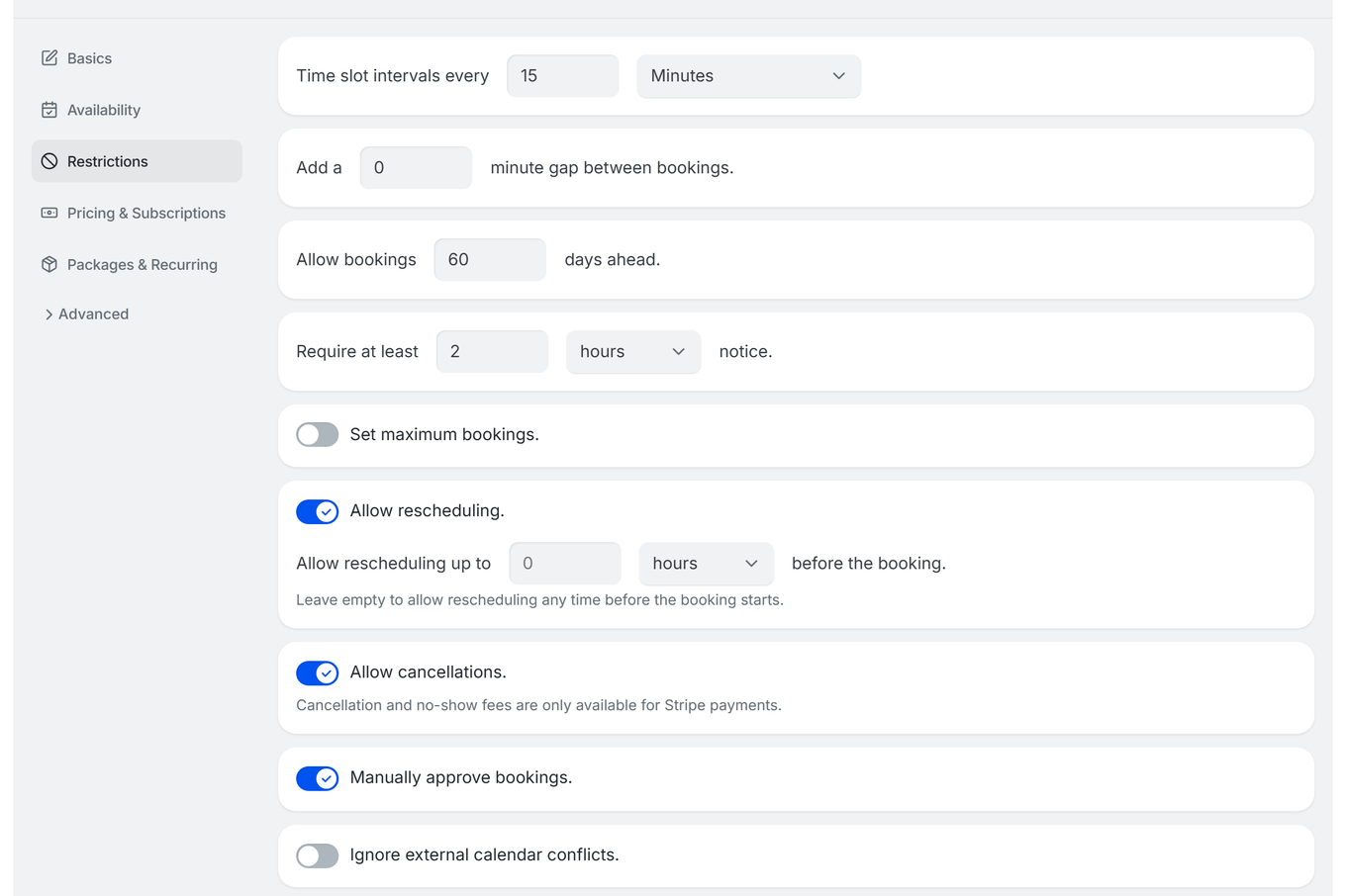 TidyCal booking type Restrictions tab with the Require at least notice setting