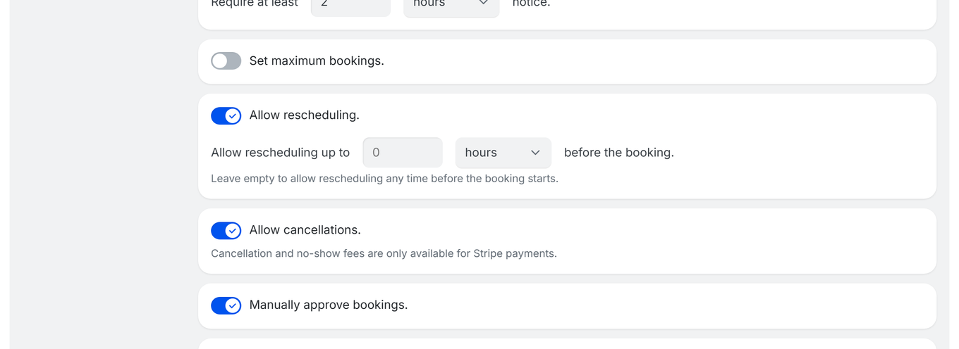 TidyCal booking type editor Restrictions tab showing Manually approve bookings toggle enabled