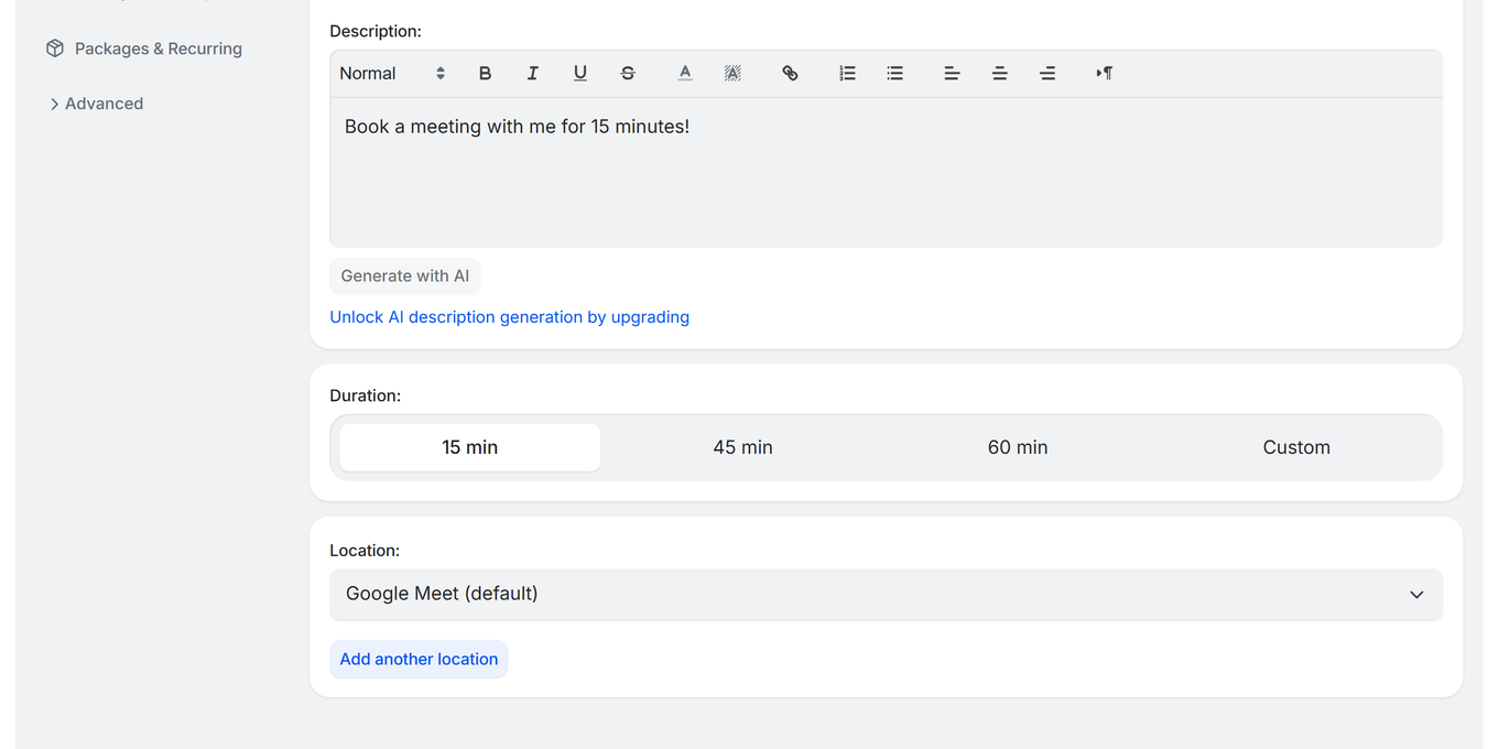TidyCal booking type editor showing Location dropdown with Google Meet selected and Add another location button