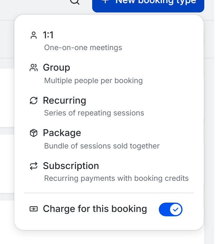 TidyCal New booking type dropdown showing Subscription preset with Recurring payments with booking credits description