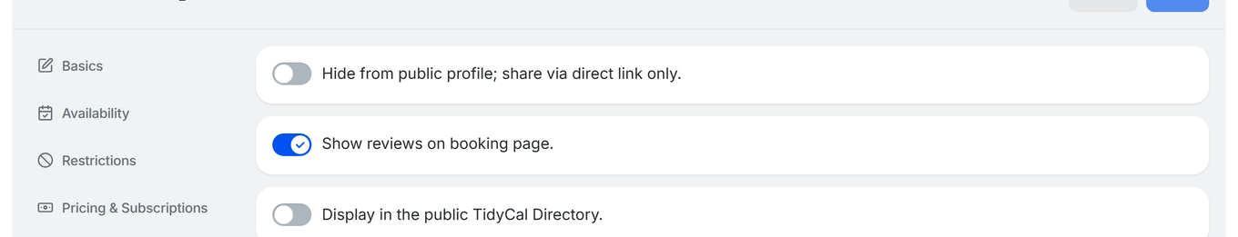TidyCal booking type editor Visibility tab showing directory toggle and reviews toggle