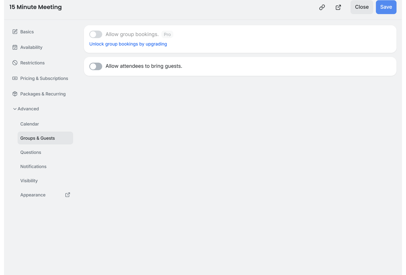 Groups and Guests section of the booking type editor on a Free plan account, showing guest invites available and group bookings locked behind an upgrade