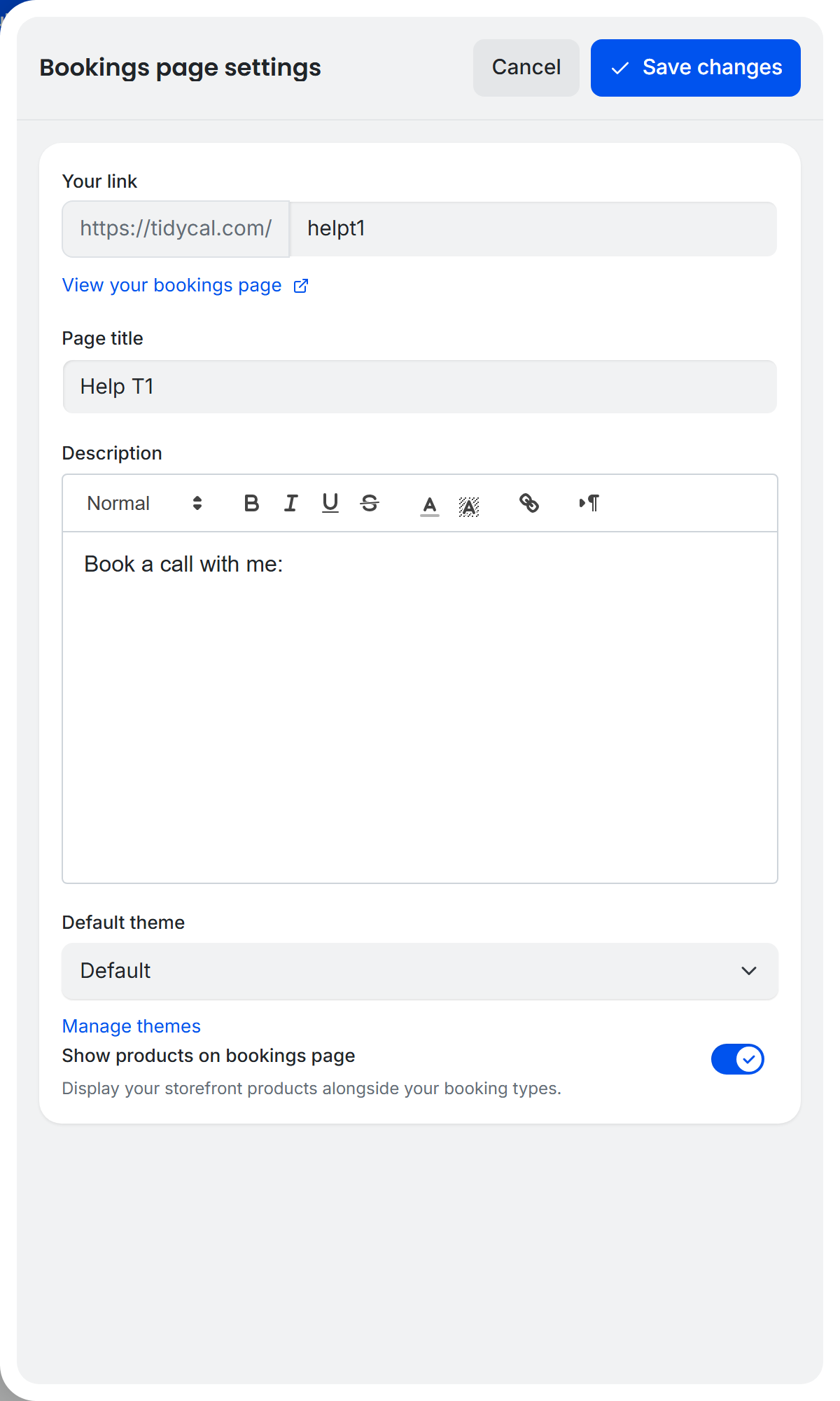 TidyCal Bookings page settings drawer: Your link, Page title, Description, Default theme, and Show products toggle