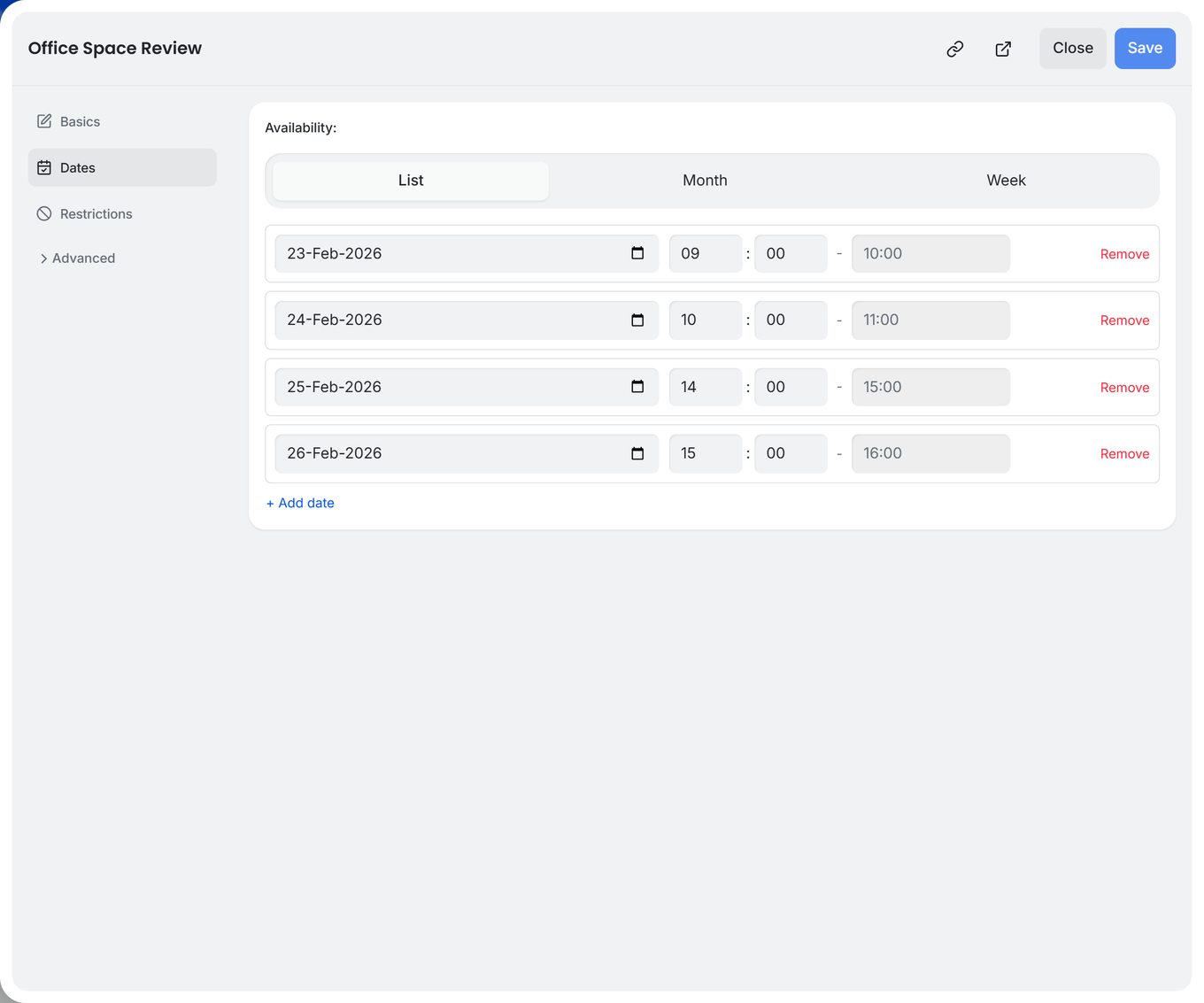 TidyCal poll calendar editor in List view showing date and time inputs with Add date option