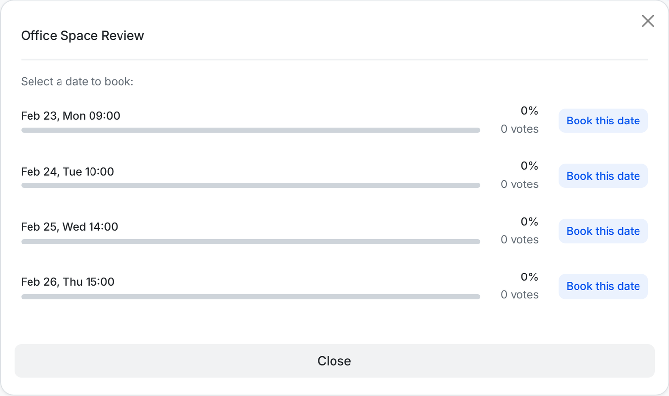 TidyCal poll voting results modal showing date options with progress bars and Book this date buttons