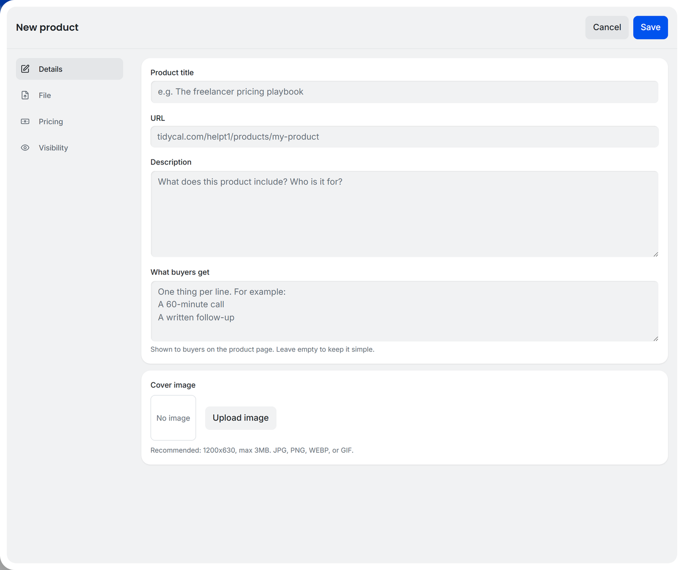 TidyCal new product editor with title, URL, description, what buyers get, and cover image fields