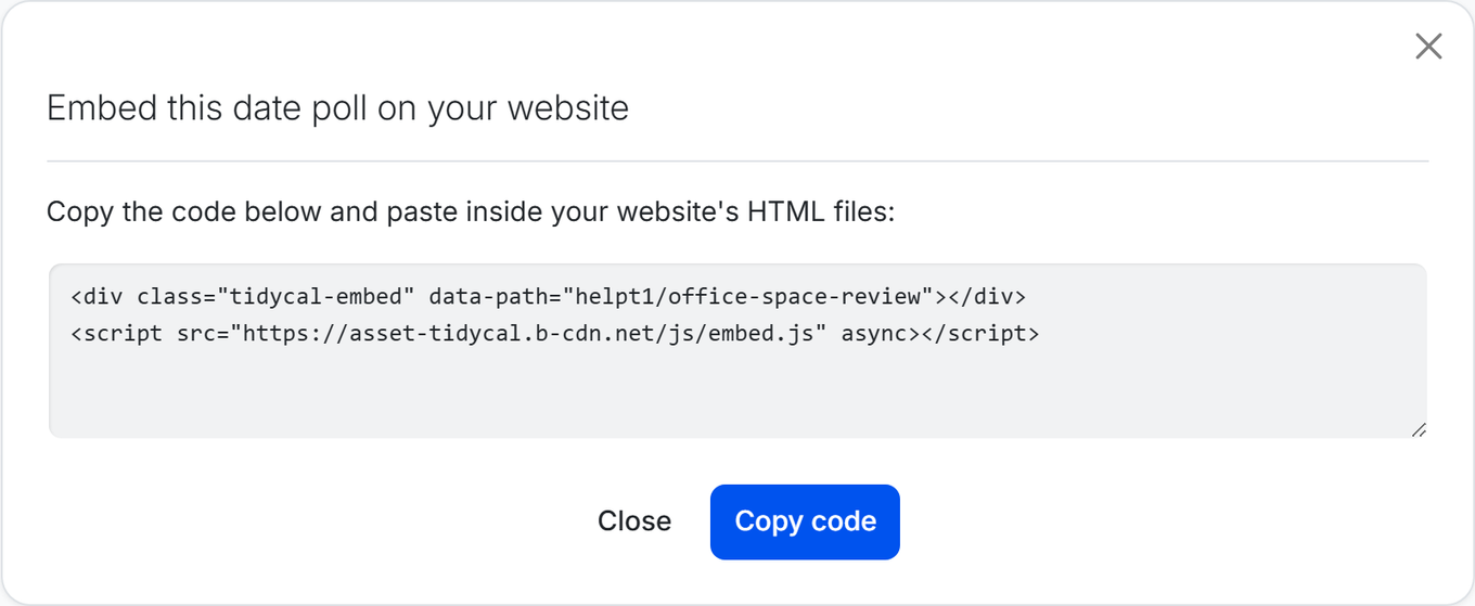 TidyCal poll embed modal showing HTML embed code with Copy code button