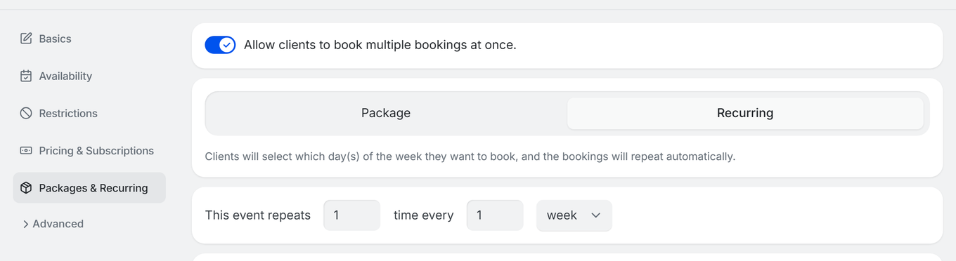 TidyCal booking type editor Packages and Recurring tab with multiple bookings enabled, Recurring mode selected, configured to repeat weekly with 8 bookings end series