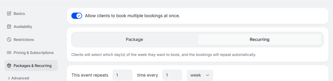 TidyCal booking type editor showing Packages & Recurring tab with recurring settings configured