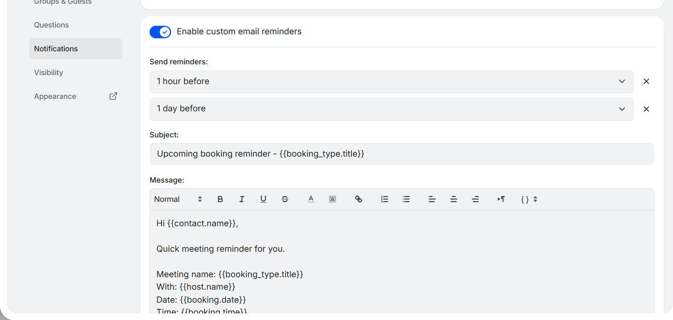 TidyCal booking type Notifications tab with custom email reminders enabled showing reminder timing, subject, and message