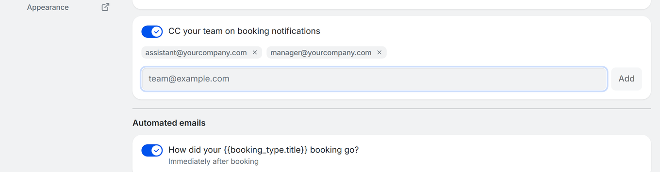 TidyCal Notifications tab showing CC your team on booking notifications toggle enabled with two CC email addresses added