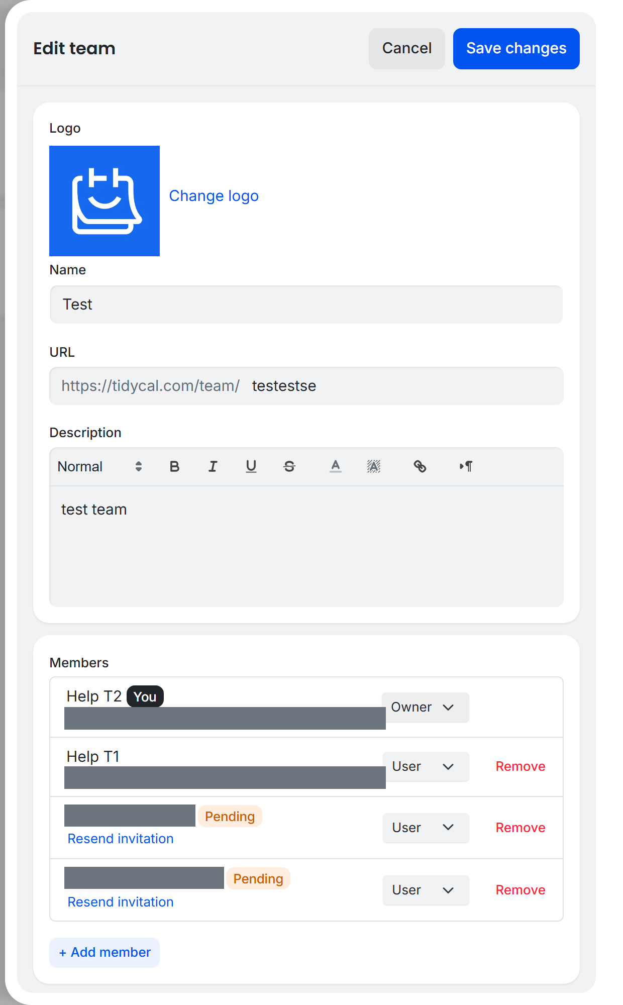 TidyCal team editor Members section with a role dropdown (Owner or User) next to each member