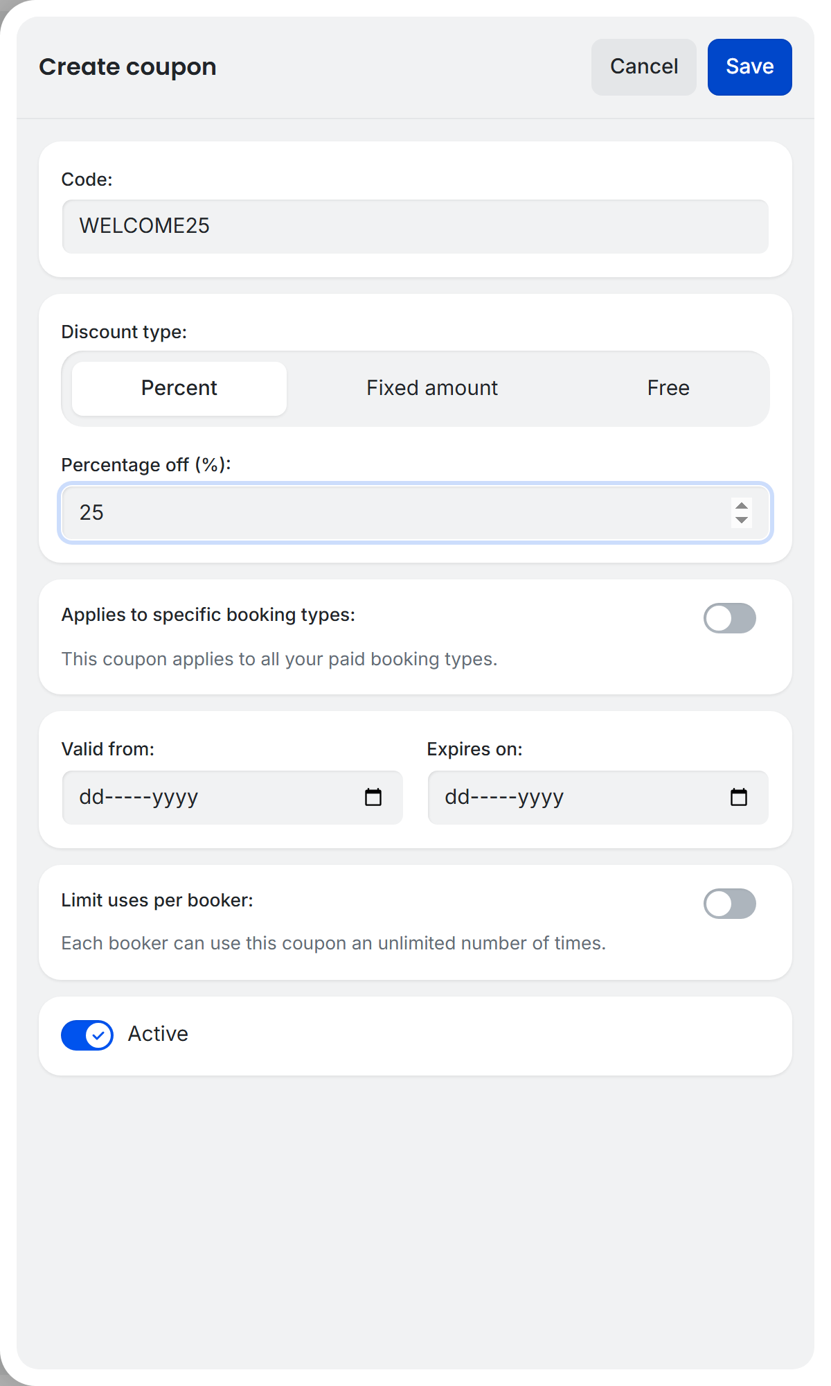 Create coupon drawer showing WELCOME25 code with Percent discount type set to 25 percent off