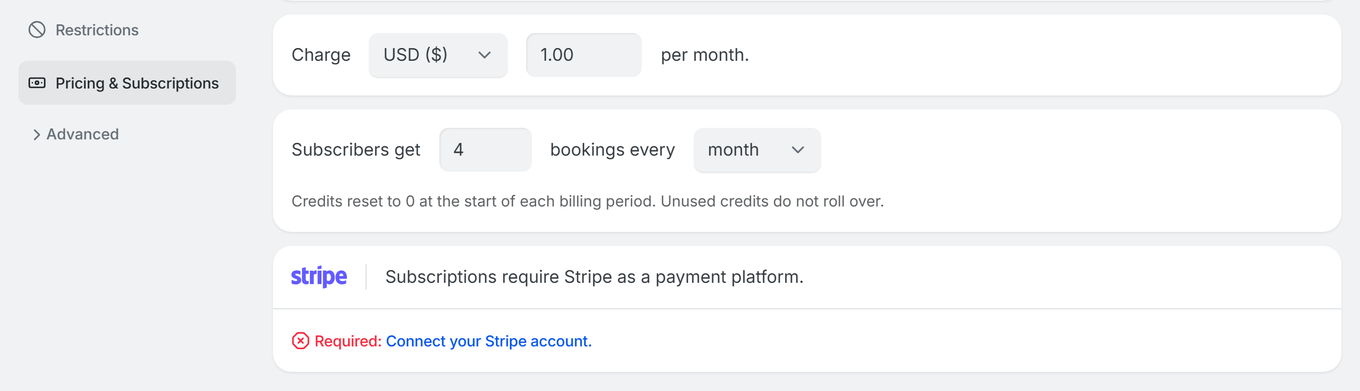 TidyCal Pricing tab with Subscription selected showing charge amount credits per period and Stripe requirement