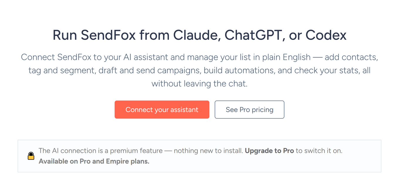 SendFox MCP setup page headed Run SendFox from Claude, ChatGPT, or Codex, noting it needs a Pro or Empire plan