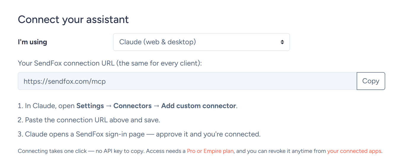 The Connect your assistant panel on the SendFox MCP setup page, showing the connection URL https://sendfox.com/mcp