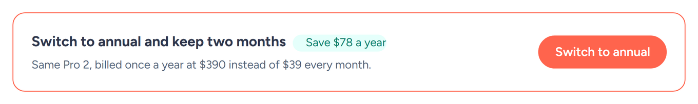 The Switch to annual card on SendFox Settings, Plan and billing, showing Save $78 a year and a Switch to annual button