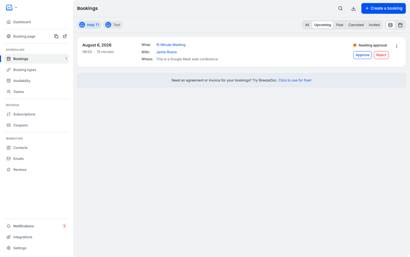 TidyCal Bookings page showing a pending booking with Awaiting approval status and Approve Reject buttons