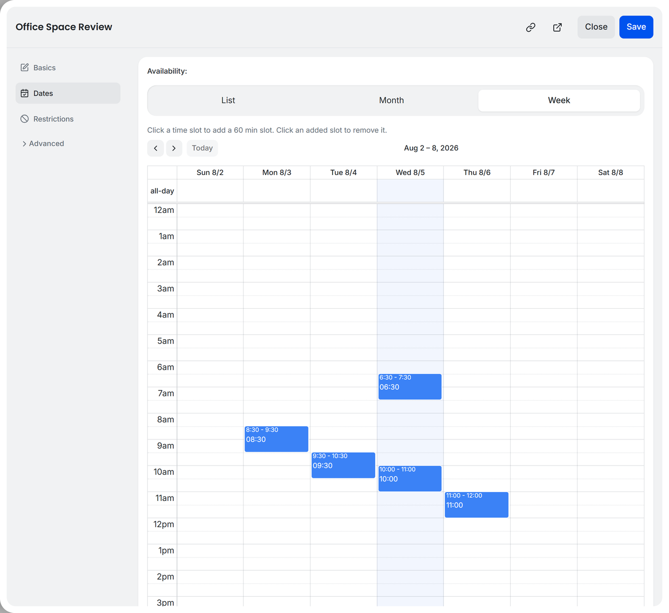 TidyCal poll calendar editor in Week view showing time slots added for different days