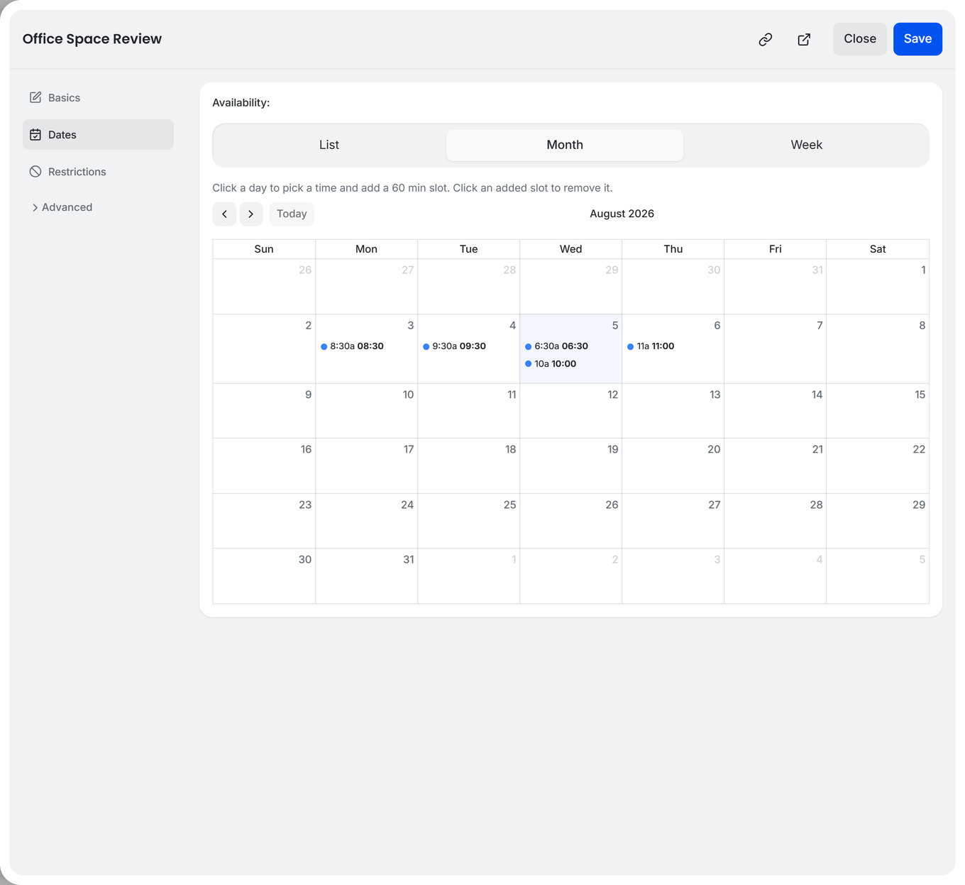 TidyCal poll calendar editor in Month view showing dates with scheduled poll times