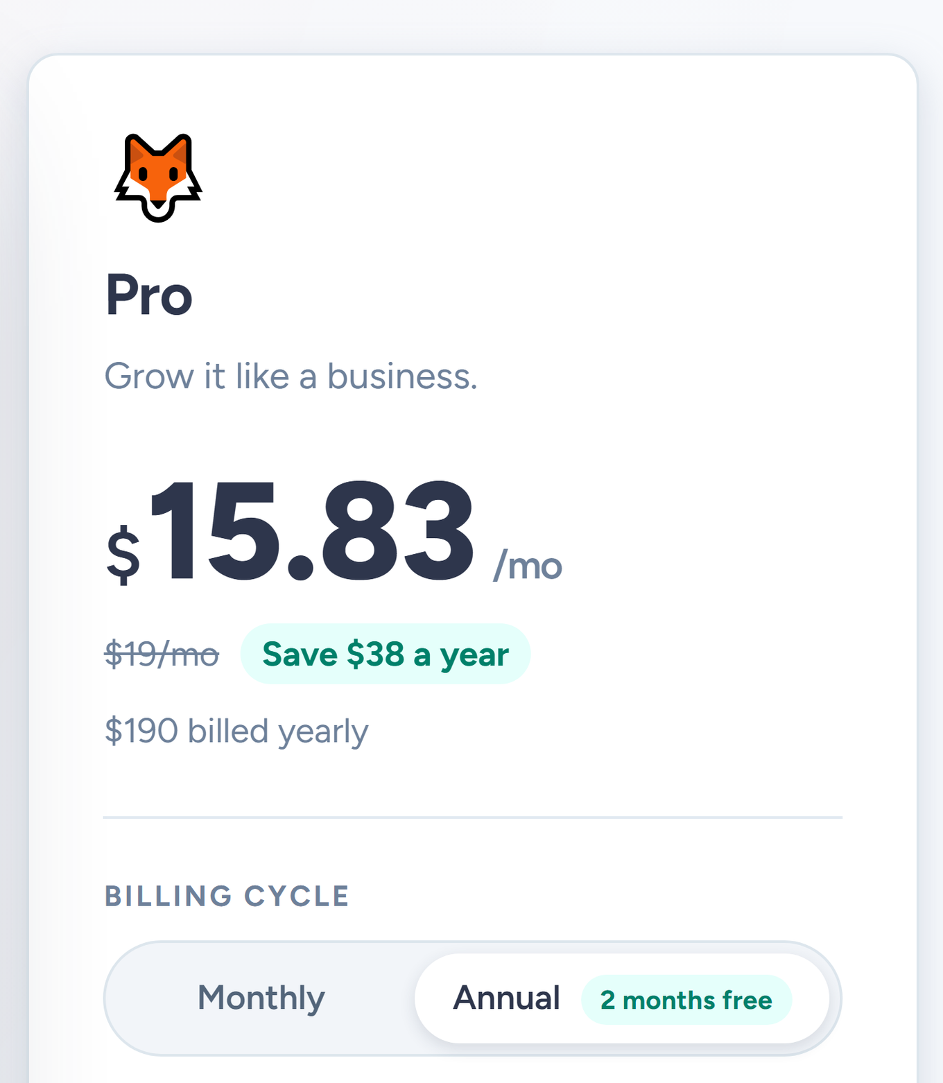 SendFox pricing page Pro card with Billing cycle set to Annual, showing $15.83 a month and $190 billed yearly