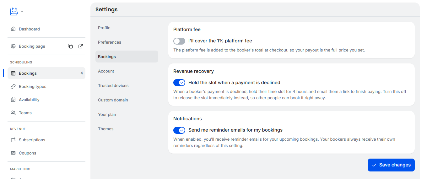 Settings Bookings page: Platform fee, Revenue recovery and Notifications cards on a lifetime plan