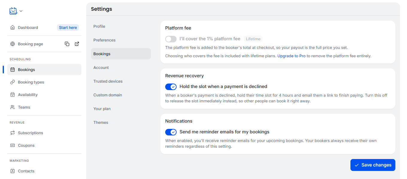Settings Bookings on a Free account: fee toggle disabled with a Lifetime badge and upgrade link