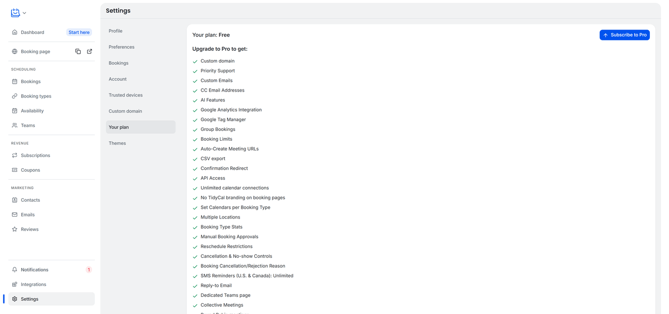 TidyCal Settings Your plan page on Free account showing Subscribe to Pro button and Upgrade to Pro feature list