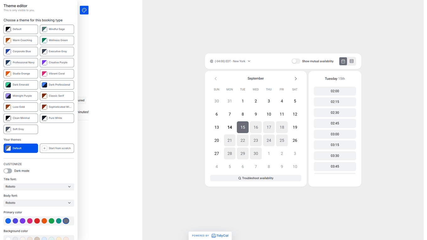 TidyCal theme editor showing preset theme tiles, Your themes, dark mode, font and color settings beside the booking page