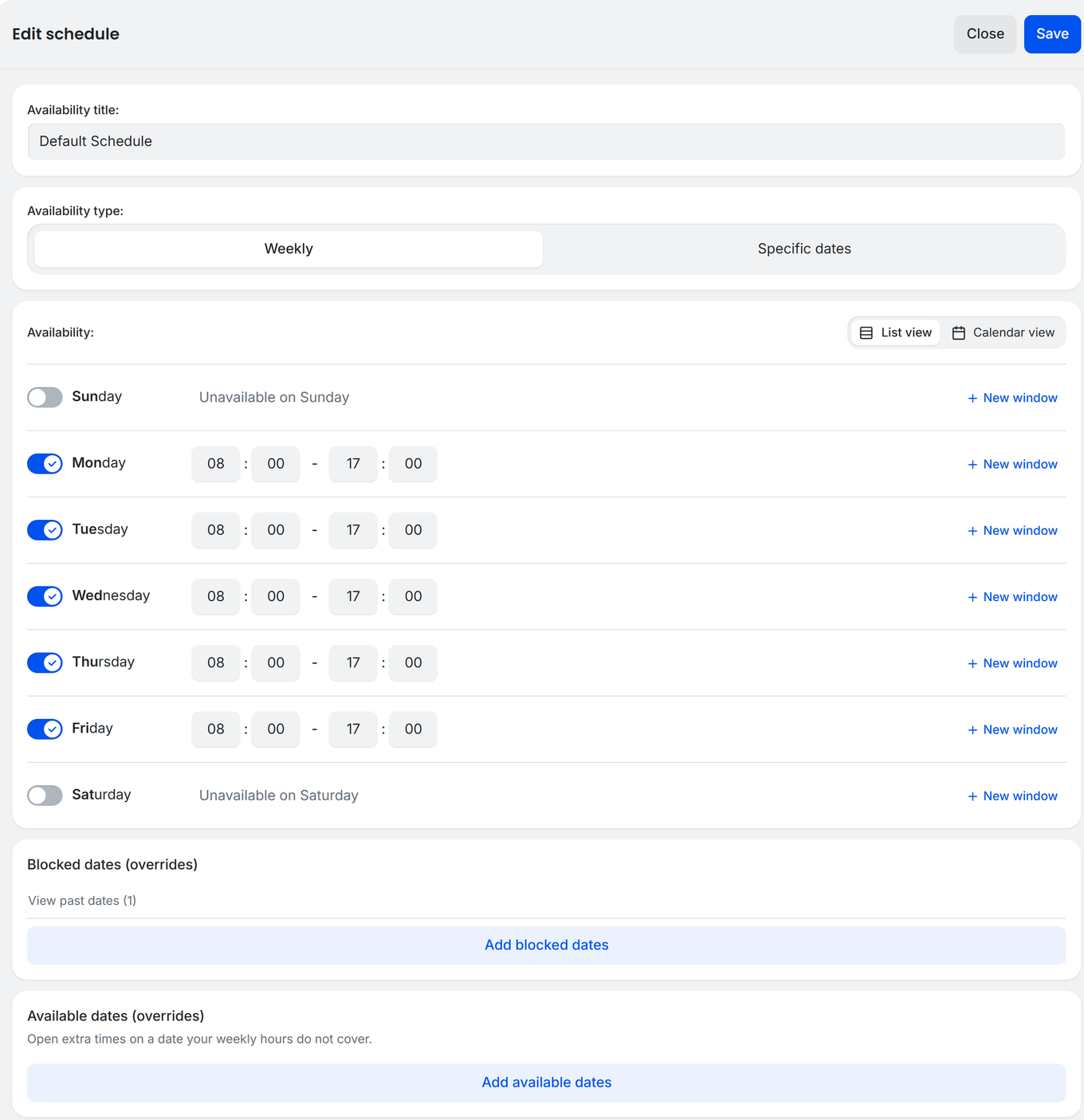 TidyCal Edit schedule drawer with Weekly selected: day toggles, time dropdowns, and both date override cards