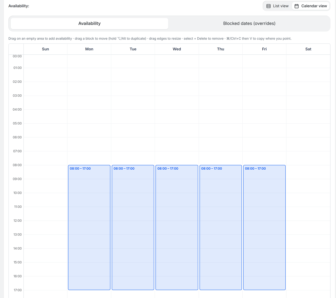 TidyCal Edit schedule drawer in Calendar view: Availability grid with Monday to Friday 08:00 to 17:00 blocks