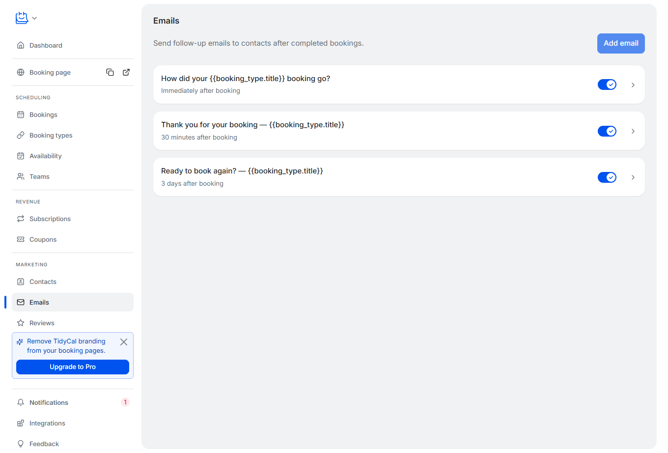 TidyCal Emails page listing three automated post-booking emails with their timing and on/off switches