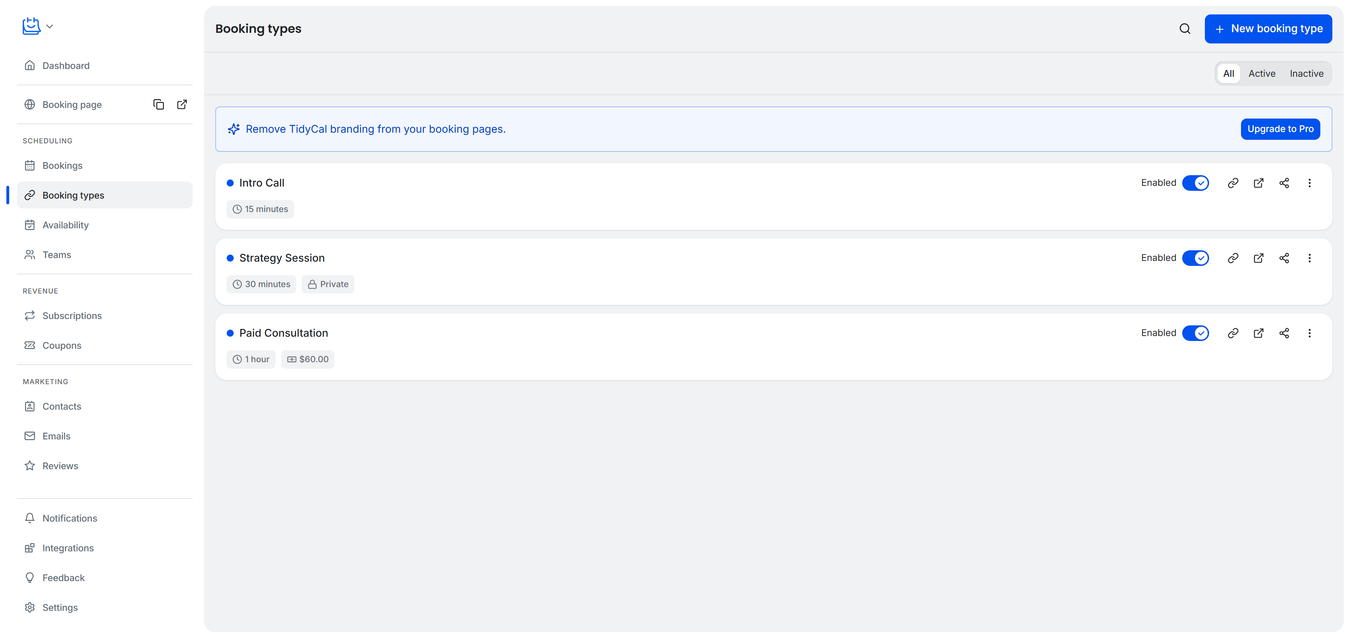 TidyCal Booking Types page showing booking type cards with links to click