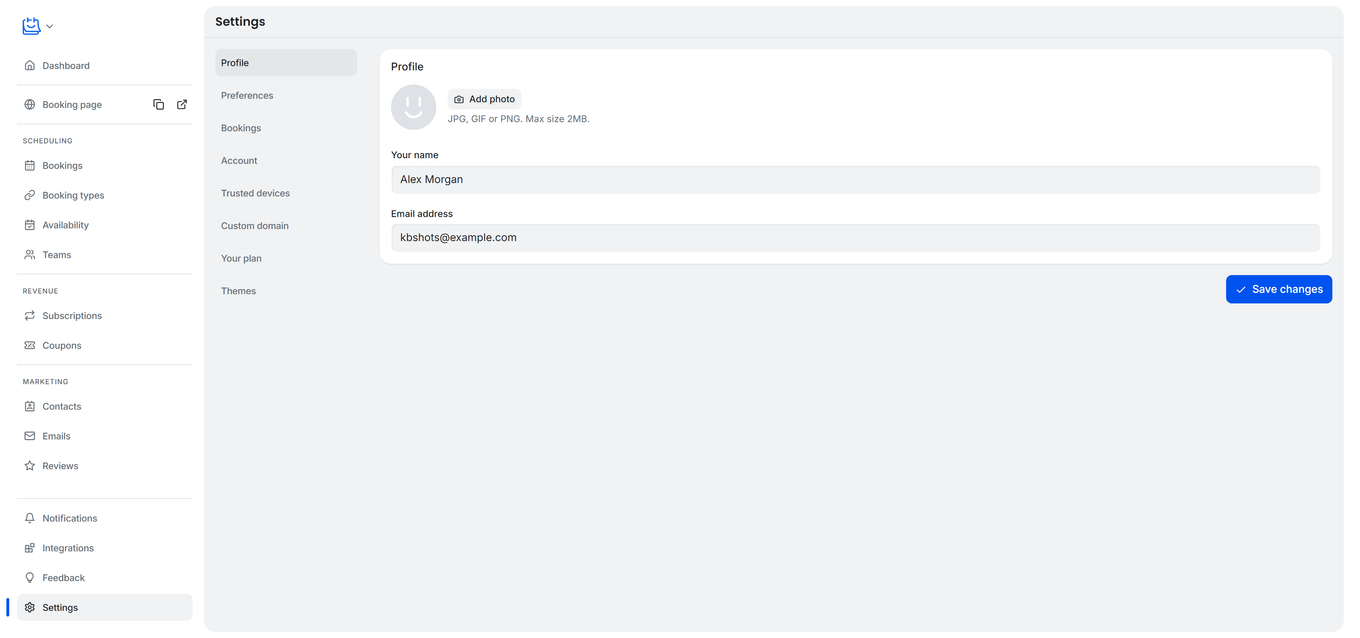 TidyCal Settings Profile page showing profile picture upload name and email fields