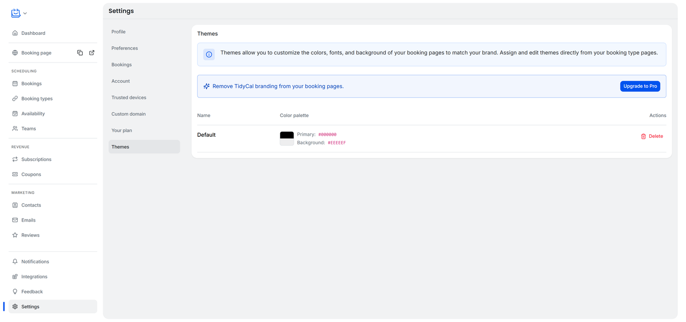 TidyCal Settings Themes page showing theme list with name color palette and delete action