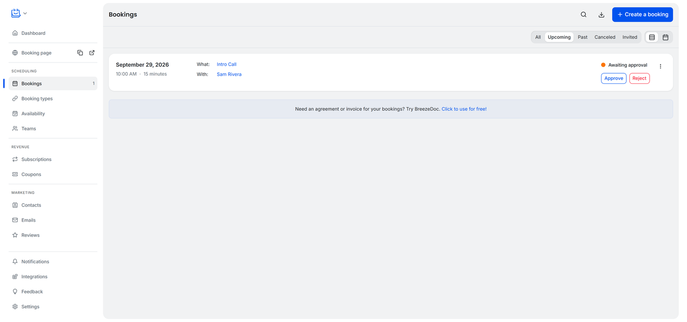 TidyCal Bookings page showing a pending booking with Awaiting approval status and Approve Reject buttons