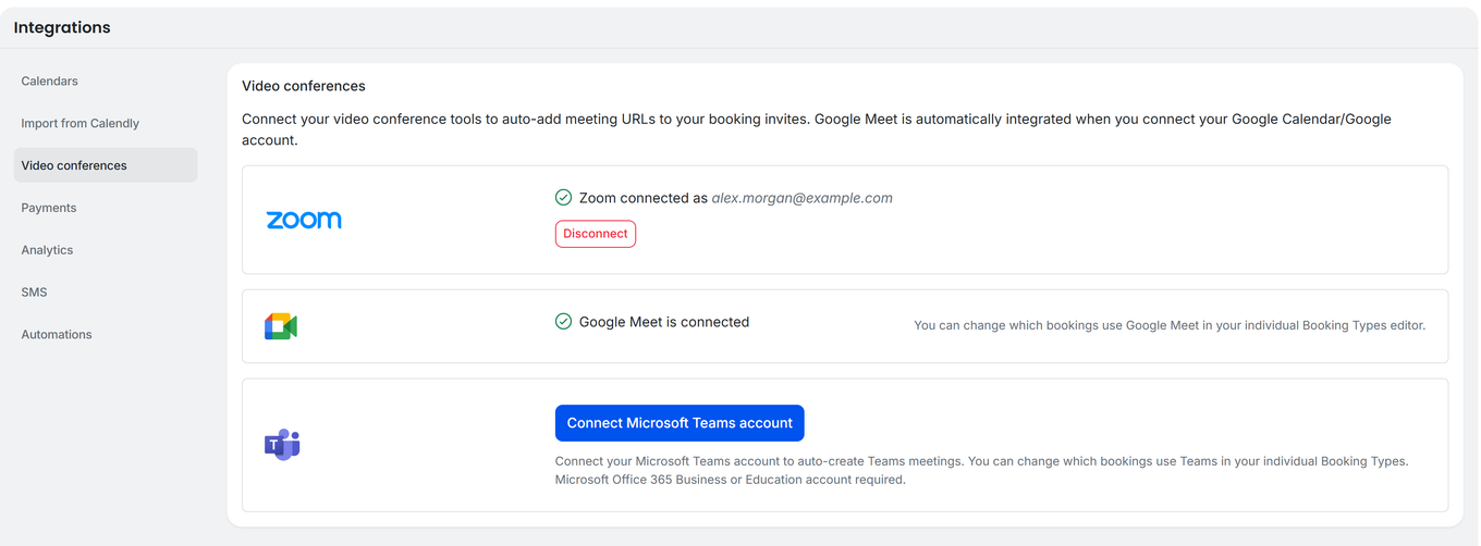TidyCal Video Conferences integration page showing Zoom connected Google Meet connected and Microsoft Teams connection button