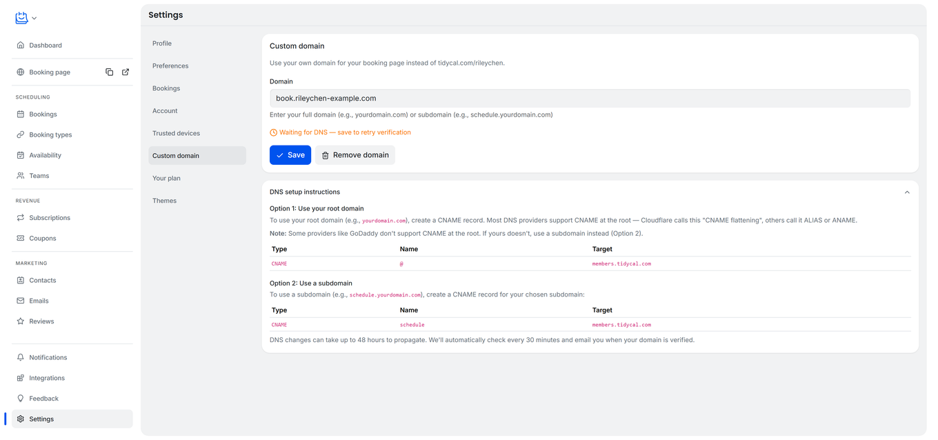 TidyCal Settings page Custom domain form on a paid account showing Domain field, Waiting for DNS status, Save and Remove domain buttons
