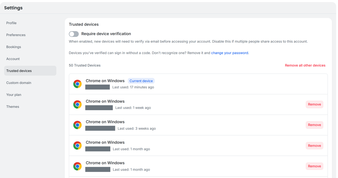 TidyCal Settings Trusted devices page showing device verification toggle and device list